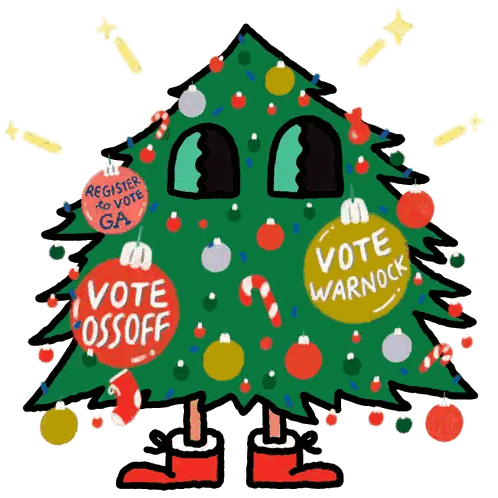 A Cartoon Of A Christmas Tree With A Vote Ossoff Sticker