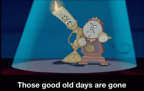 A Cartoon Of A Clock And A Candle With The Words " Those Good Old Days Are Gone " Below It GIF