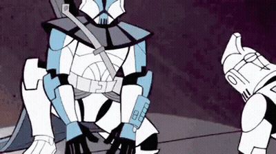 A Cartoon Of A Clone Trooper Kneeling Down Next To Another Clone Trooper In A Cave . GIF