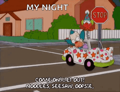 A Cartoon Of A Clown Driving A Car With A Stop Sign In The Background . GIF