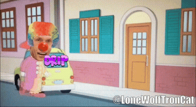 A Cartoon Of A Clown Driving A Car With The Word Drip On It GIF