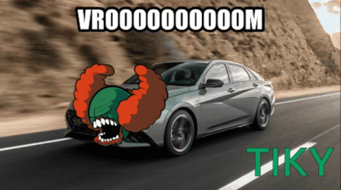 A Cartoon Of A Clown Driving A Car With The Words Tiky On The Side GIF