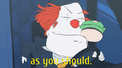 A Cartoon Of A Clown Eating A Hamburger With The Words " As You Should " Above Him GIF