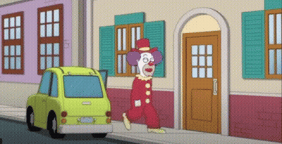 A Cartoon Of A Clown Walking Down A Street Next To A Yellow Car GIF