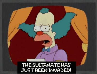 A Cartoon Of A Clown With The Words " The Sultanate Has Just Been Invaded " GIF