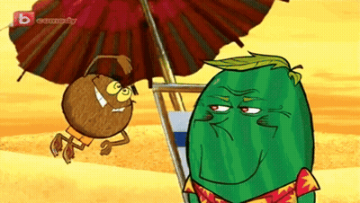 A Cartoon Of A Coconut And A Watermelon With A B Comedy Logo In The Corner GIF