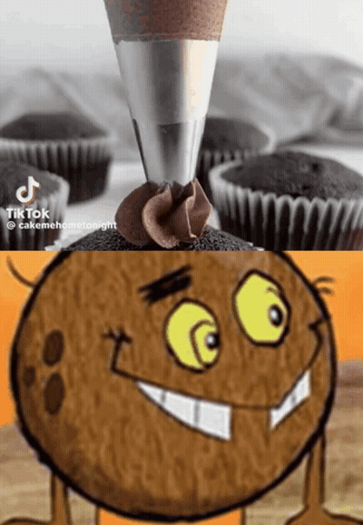 A Cartoon Of A Coconut Next To A Cupcake With Chocolate Frosting GIF