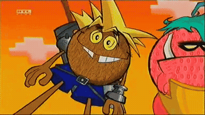 A Cartoon Of A Coconut Wearing A Crown And A Sword GIF
