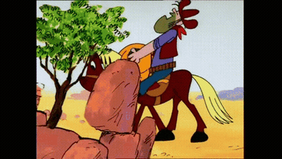 A Cartoon Of A Cowboy Riding A Horse With A Tree In The Background GIF