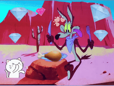 a cartoon of a coyote holding a knife and fork with a chicken on a plate