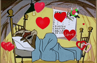 A Cartoon Of A Coyote Laying In A Bed With Hearts Surrounding Him GIF