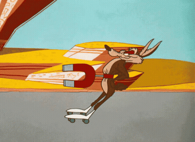A Cartoon Of A Coyote Riding A Skateboard With A Magnet In The Background GIF