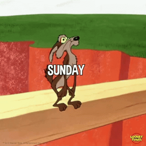 A Cartoon Of A Coyote Standing On A Wooden Railing With The Word Sunday Written On It . GIF