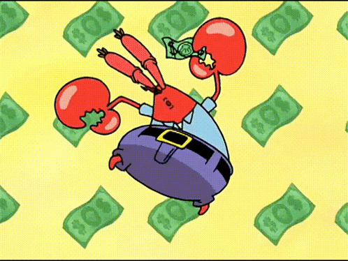 A Cartoon Of A Crab Holding A Dollar Bill Surrounded By Money GIF