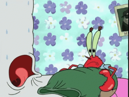 A Cartoon Of A Crab Laying On A Bed With Flowers On The Wall Behind Him GIF