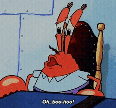 A Cartoon Of A Crab Sitting In A Chair Saying " Oh Boo-Hoo " GIF