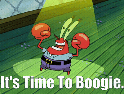 A Cartoon Of A Crab With The Words " It 'S Time To Boogie " On The Bottom GIF