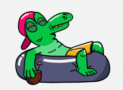 A Cartoon Of A Crocodile Giving A Peace Sign While Sitting On A Raft GIF