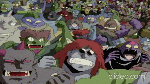 A Cartoon Of A Crowd Of Monsters With The Website Clideo.com In The Corner GIF