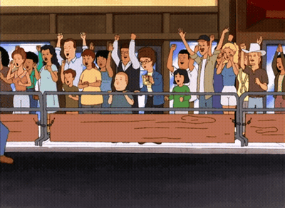 A Cartoon Of A Crowd Of People Standing Behind A Fence GIF