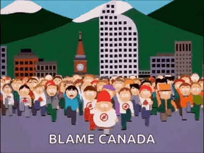 A Cartoon Of A Crowd Of People With The Words Blame Canada GIF