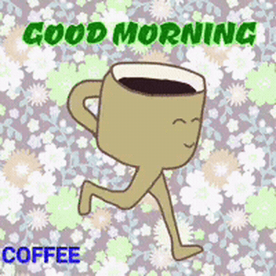 A Cartoon Of A Cup Of Coffee Running With The Words Good Morning Coffee Written Below It GIF
