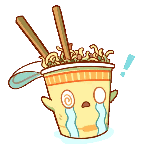 A Cartoon Of A Cup Of Noodles With Chopsticks And A Surprised Face Sticker