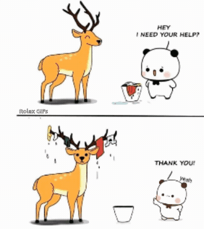 A Cartoon Of A Deer Standing Next To A Panda Bear That Says Hey I Need Your Help GIF