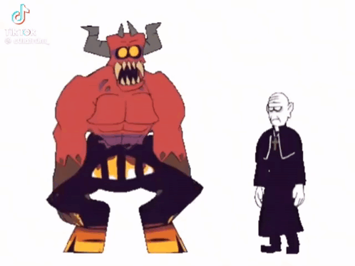 A Cartoon Of A Demon And A Priest Standing Next To Each Other GIF