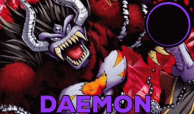 A Cartoon Of A Demon With Horns And A Purple Circle Around It With The Word Daemon On It GIF