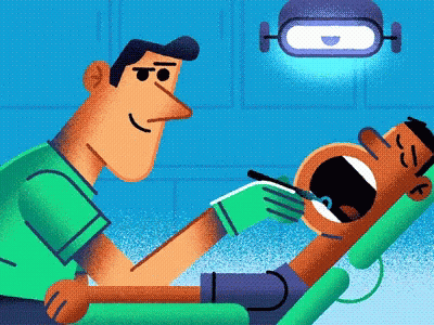 A Cartoon Of A Dentist Examining A Man 'S Teeth GIF