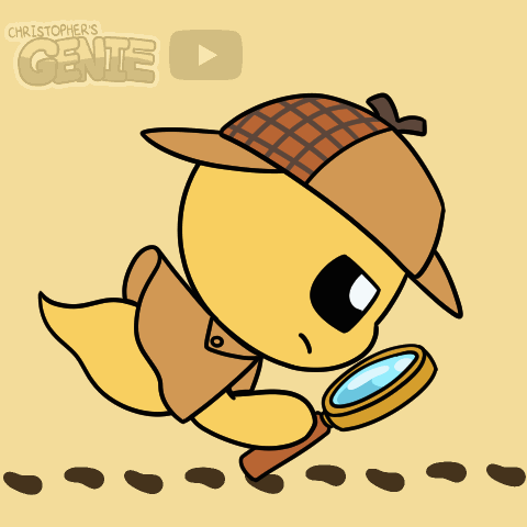 A Cartoon Of A Detective Looking Through A Magnifying Glass With The Words Christopher 'S Genie Behind Him GIF