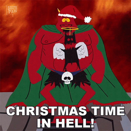 A Cartoon Of A Devil Holding A Bat With The Words Christmas Time In Hell GIF