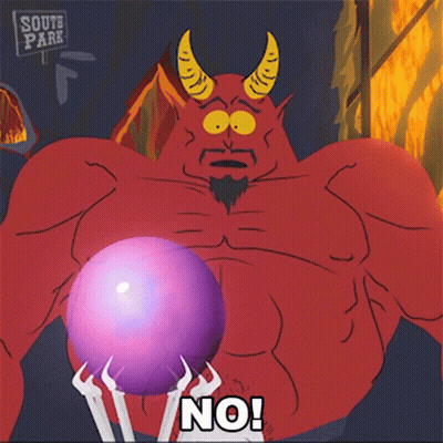 A Cartoon Of A Devil Holding A Purple Ball With The Word No On It GIF