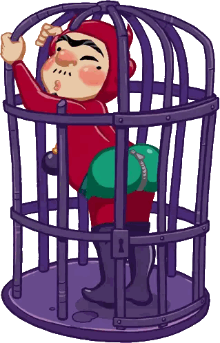 A Cartoon Of A Devil In A Cage With A Keyhole Sticker