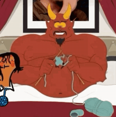 A Cartoon Of A Devil Knitting On A Bed Next To A Woman GIF