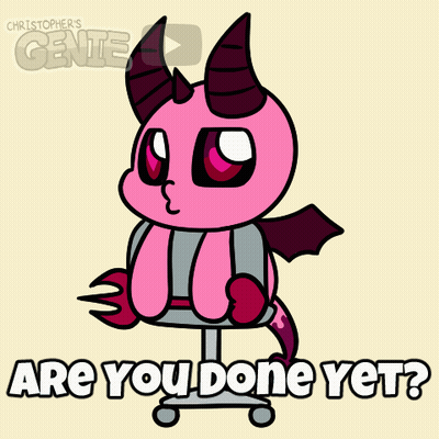 A Cartoon Of A Devil Sitting In A Chair With The Words " Are You Done Yet " GIF