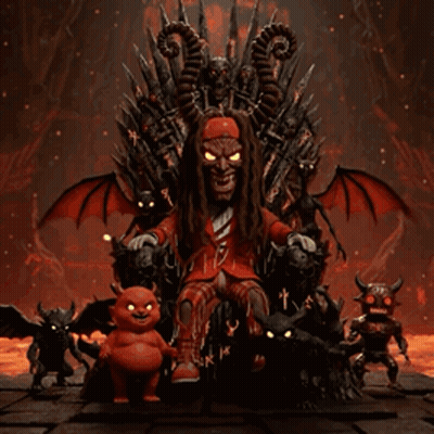A Cartoon Of A Devil Sitting On A Throne Surrounded By Devils GIF