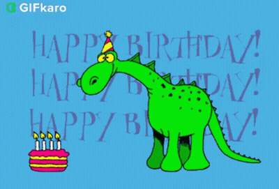 A Cartoon Of A Dinosaur Blowing Out A Birthday Cake GIF