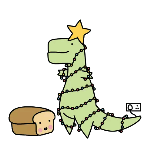 A Cartoon Of A Dinosaur Decorating A Christmas Tree Next To A Slice Of Bread Sticker