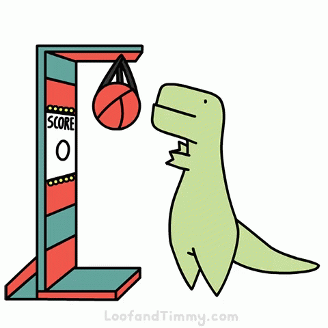 A Cartoon Of A Dinosaur Hitting A Punching Bag With The Words Score 0 On It GIF