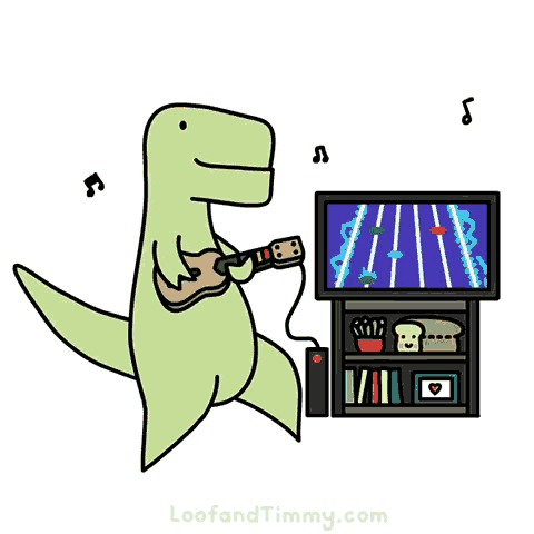 A Cartoon Of A Dinosaur Playing A Guitar Next To A Television GIF