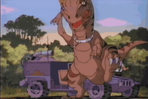 A Cartoon Of A Dinosaur Standing Next To A Truck GIF