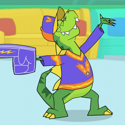 A Cartoon Of A Dinosaur Wearing A Purple Shirt And A Hat With The Letter V On It GIF