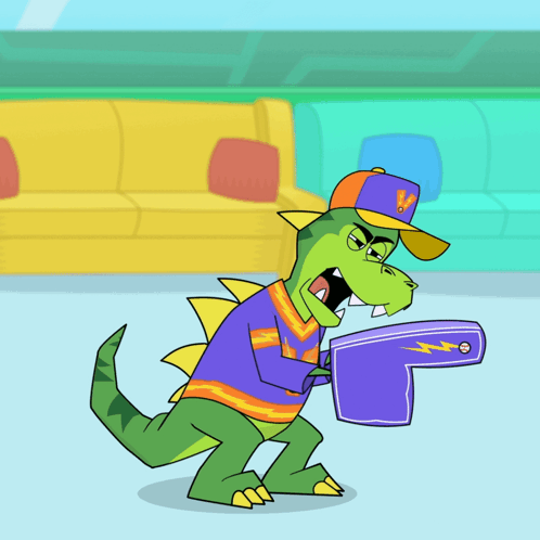 A Cartoon Of A Dinosaur Wearing A Purple Shirt And An Orange Hat With The Letter V On It GIF