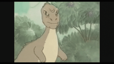 A Cartoon Of A Dinosaur With A Serious Look On His Face Standing In A Field . GIF