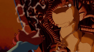 A Cartoon Of A Dinosaur With A Tag That Says My Name Is Rex GIF