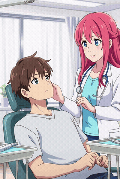 a cartoon of a doctor examining a patient 's face