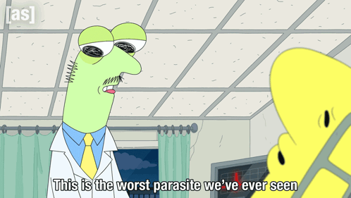 A Cartoon Of A Doctor Holding A Jar That Says This Is The Worst Parasite We Ve Ever Seen GIF