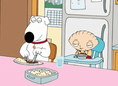 A Cartoon Of A Dog And A Baby Sitting At A Table Eating GIF